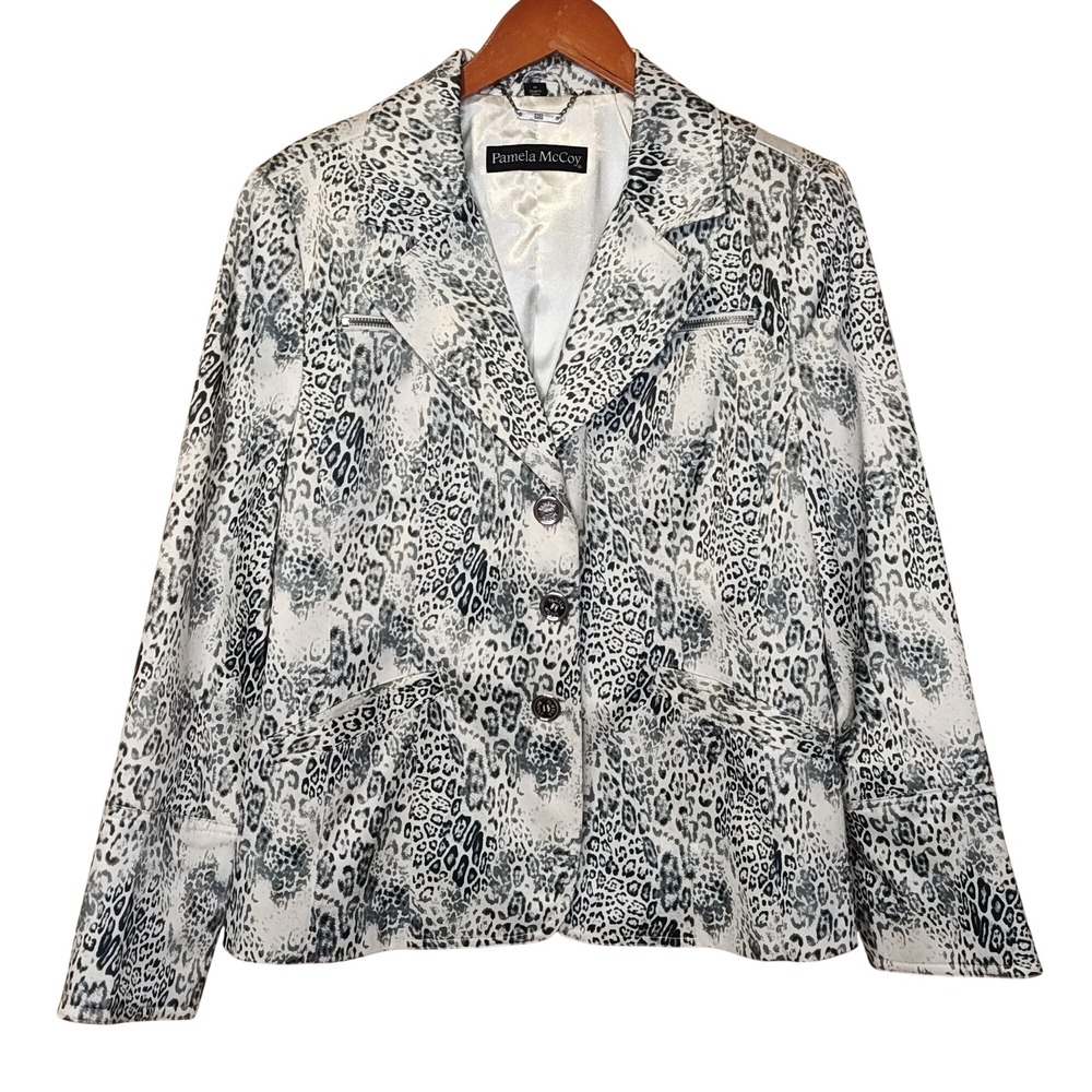 Pamela McCoy Blazer Women Medium Grey White Leopard Print Satiny Shoulder Pads